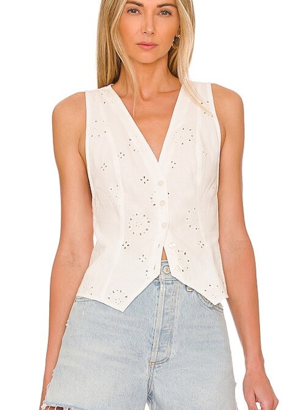 Free People white eyelet vest with small perforated floral pattern, Sz XL